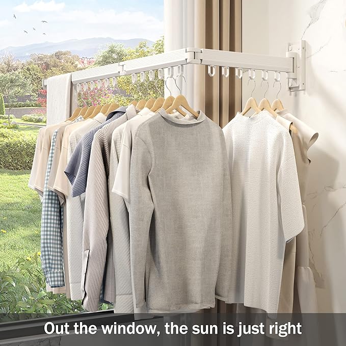 Wall Mounted Clothes Drying Rack, Retractable Laundry Rack for Hanging Clothes, Collapsible, Foldable, White-Rings-Ruum Studio Home