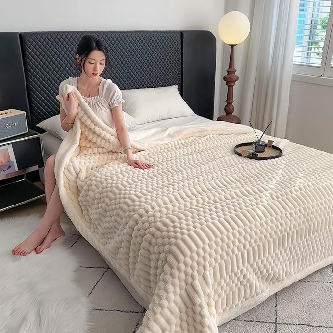 UKELER Sherpa Bed Blankets 80 × 90 inch, Ultra Soft Queen Size Throw Blanket for All Season, 470 GSM Cozy Plush Striped Fleece Blanket for Bedroom Living Room Dorm Hostel Sofa Camping, Off White-Ruum Studio Home