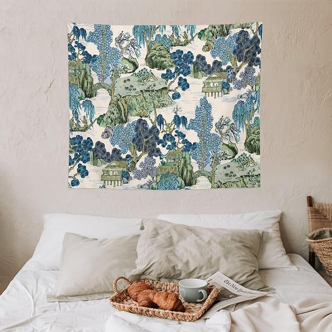 Chinoiserie Tapestry,Asian Watercolor Abstract Art Tapestry,Asian Japanese Wall Tapestry, Nature Landscape Tapestries for Bedroom Living Room Decor 60"x50"-Ruum Studio Home