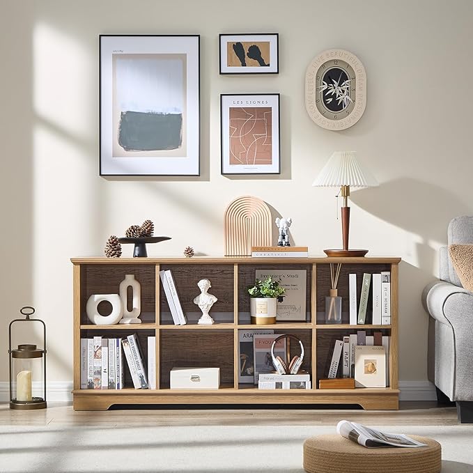 Farmhouse 8 Cube Bookshelf, Storage Organizer Bookcase, Kids Toy Storage Cabinet, Long Bookshelves Storage Organizer Shelf, Wood Display Cabinet Book Shelves for Bedroom,Living Room, Natural Oak-Ruum Studio Home