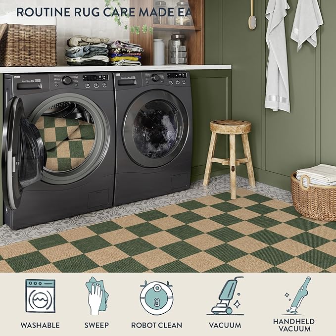 Lahome Checkered Easy Jute Dining Room Rug, 5x7 Indoor Outdoor Rugs for Patio Living Room, Neutral Checkerboard Non Slip Low Pile Green Carpet for Bedroom Office Backyard-Ruum Studio Home
