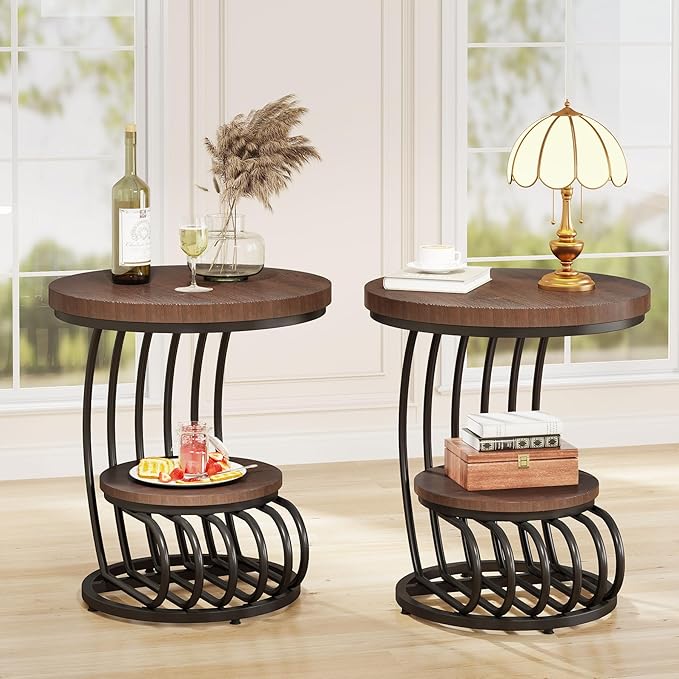 Tribesigns Round End Side Table: 2 Tiers Side Table Set of 2, Vintage End Table for Living Room, Small Bedside Table Accent Table with Arc-Shaped Frame, Rustic Brown-Ruum Studio Home
