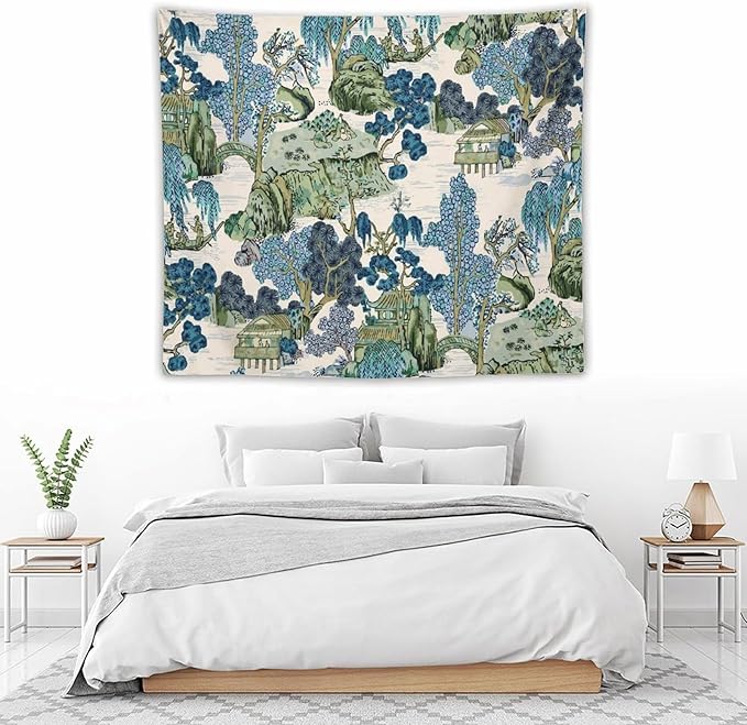 Chinoiserie Tapestry,Asian Watercolor Abstract Art Tapestry,Asian Japanese Wall Tapestry, Nature Landscape Tapestries for Bedroom Living Room Decor 60"x50"-Ruum Studio Home