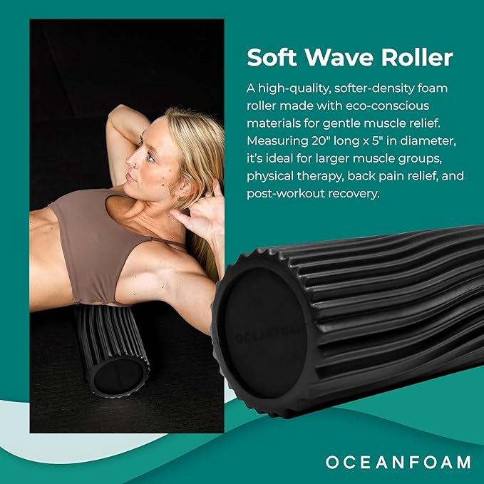Oceanfoam Soft Tidal Roller (Black) - Low Density Foam Roller for Physical Therapy, Back Pain, Excercise & Stretching - Wave Textured - Yoga, Athletics, & Wellness - Full Size, 20" x 5"-Ruum Studio Home