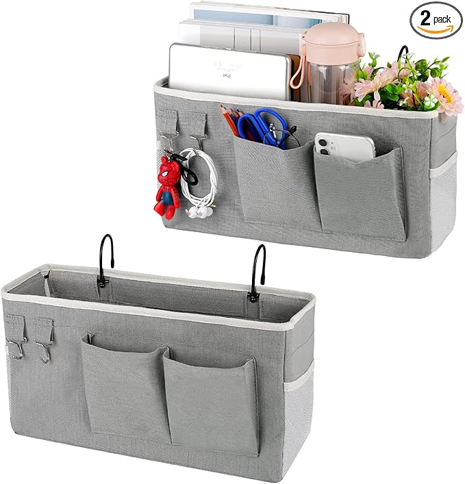 Bedside Storage Caddy/Bedside Hanging Storage Bag for Headboards Bunk Beds Dorm Rooms Book Phone Magazine Holder (2PC Grey)-Ruum Studio Home