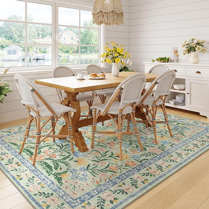 Wonnitar Washable Floral 6x9 Rug, Soft Green Area Rug Boho Non Slip Dining Room Carpet, Non-Shedding Flower Floor Carpets for Kids Bedroom Living Room Dorm Playroom-Ruum Studio Home