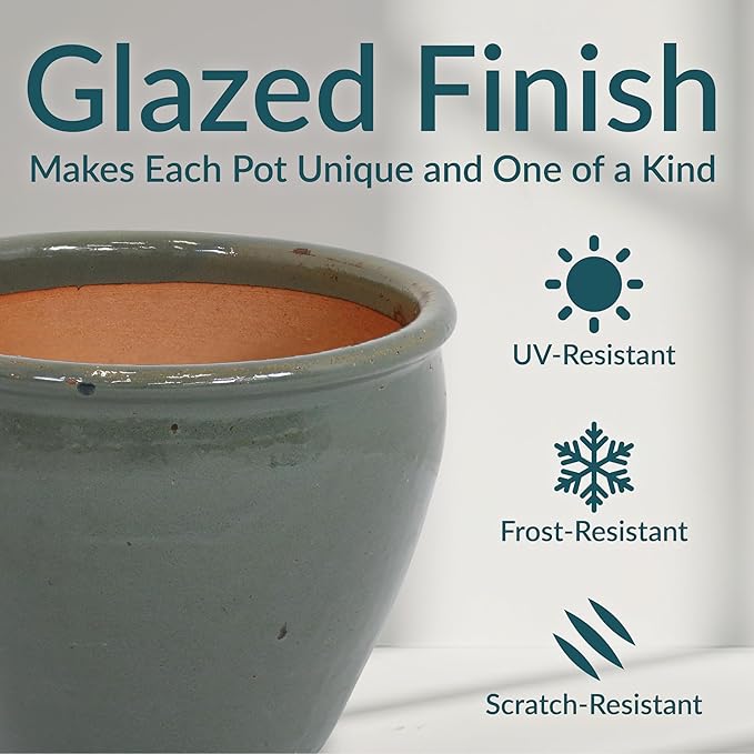 Sunnydaze Chalet Large Ceramic Plant Pot - Round Outdoor Glazed Ceramic Planter Pot with Drainage - Gray - 14.5"-Ruum Studio Home