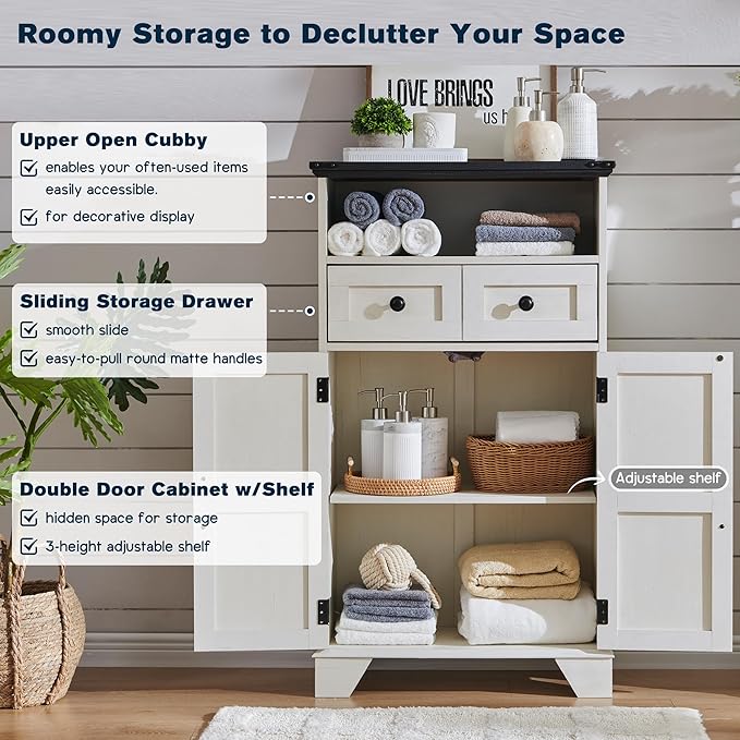 Bathroom Floor Cabinet, Farmhouse Storage Cabinet, 24" Wide Cabinet with Drawer, Adjustable Shelf, Barn Doors, Cabinets for Bathroom, Kitchen, Living Room, Off White-Ruum Studio Home