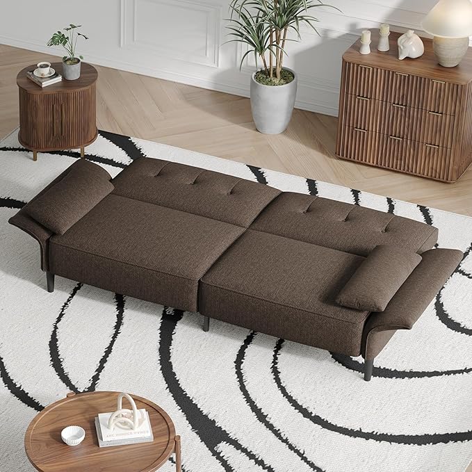 89” Futon Sofa Bed, Linen Comfy Futon Couch Bed with 2 Square Pillows, Convertible Sleeper Sofa with Adjustable Backrest& Armrests, Modern Loveseat Sleeper for Living Room, Bedroom, Brown-Ruum Studio Home