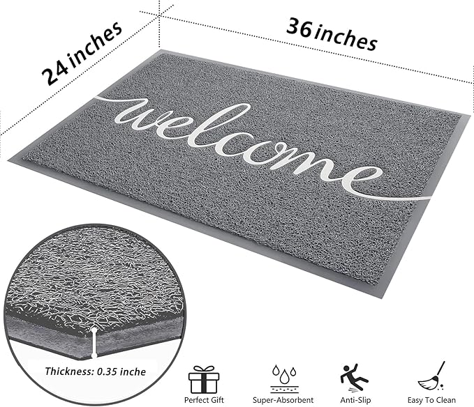 Durable Low Profile Floor Mat, Indoor and Outdoor, Non Slip Rug, Easy to Clean Welcome Mat, for High Traffic Areas, Entryway, Patio (36x24", Grey)-Ruum Studio Home