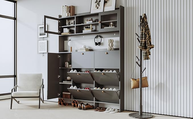 Ball & Cast Tipping Bucket 3-Tier Shoe Cabinet with 6 Flip Drawers and Storage Shelf,Entryway Hall Tree with Tempered Glass Doors and 4 Hooks,for Hallway,Mudroom,Living Room,Black-Ruum Studio Home