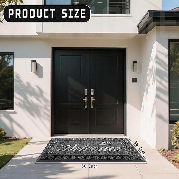 Yimobra Welcome Mat, Heavy Duty Sturdy Door Mats for Home Entrance Outdoor Indoor, Front Doormat for Outside Patio Floor Entry Porch Garage Office, Waterproof, Low Profile, 60 x 36, Black Grey-Ruum Studio Home