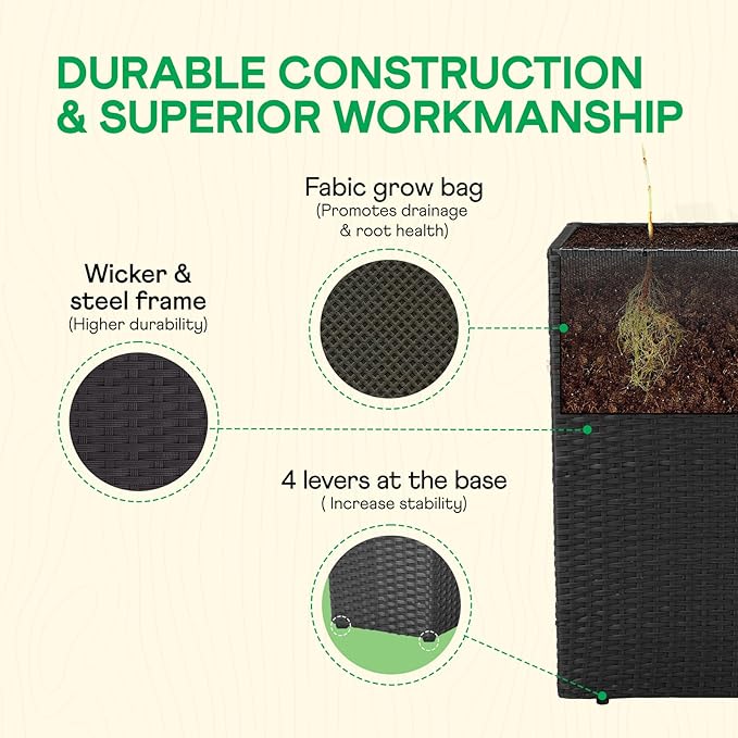 IDZO All Weather Wicker Planter Raised Garden Bed, 24 in Tall Round Rattan Flower Pots, Durable Self-Watering Indoor Outdoor Wicker Planters for Porch Patio Balcony-Ruum Studio Home