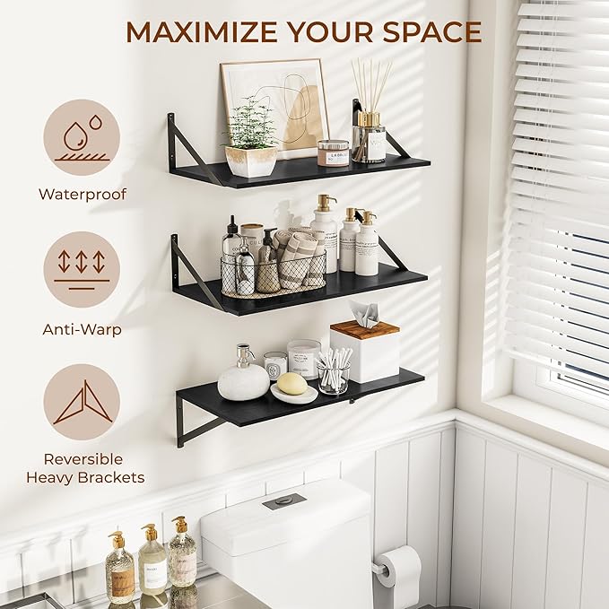 Heimlove 24" W x 12" D Wall Shelves for Books, 12 Inch Deep Floating Shelves Set of 3, Wide Floating Bookshelf with Metal Bracket for Living Room, Kitchen, Office, Bedroom and Decor Storage - Black-Ruum Studio Home