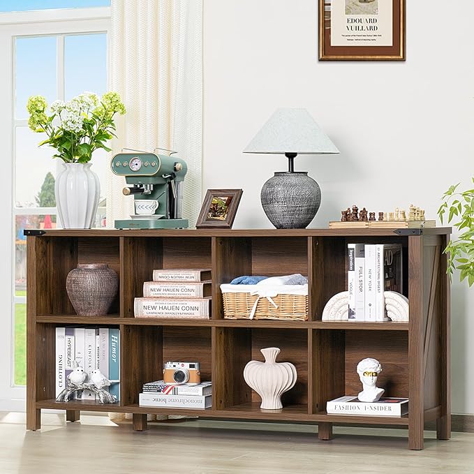 8 Cube Book Shelf, Farmhouse Wood Long Storage Organizer Bookcase, 62" Horizontal Brown Walnut Console Closet Bookshelf, Hallway TV Stand for Entryway, Display Cabinet Book Case for Office-Ruum Studio Home