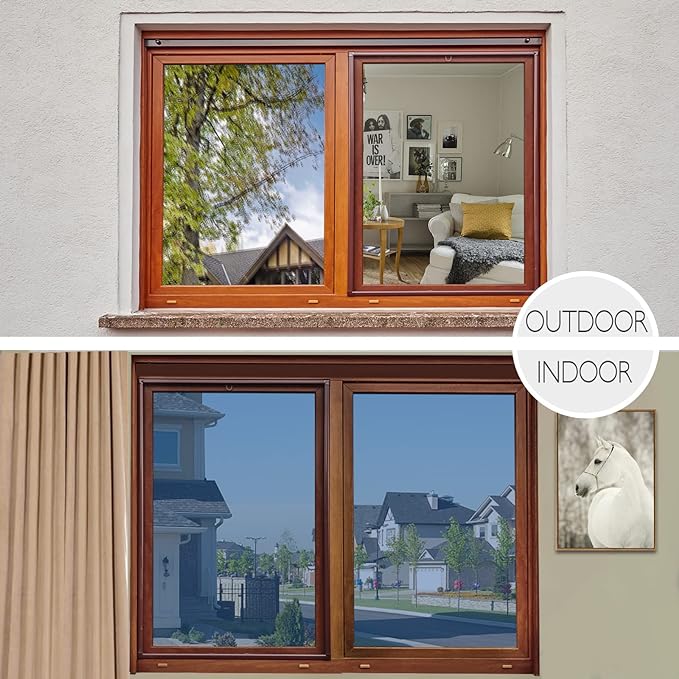 HIDBEA One Way Window Film Daytime Privacy Window Tint for Home, UV Blocking Reflective Heat Control Glass Films Non-Adhesive Mirror Window Clings (Blue-Silver, 23.6 Inch × 6.5 Feet)-Ruum Studio Home