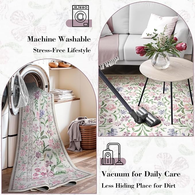 Wonnitar Purple Floral 8x10 Area Rugs, Washable Rug for Living Room, Soft Ultra-Thin Non-Shedding Large Indoor Boho Carpet for Bedroom Nursery Playroom Classroom Decor, Light Purple/Pink-Ruum Studio Home