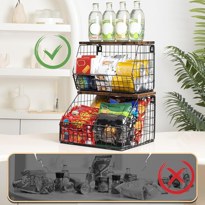 Fruit Basket, Stackable Wall Mounted Fruit Baskets, Potato Baskets Onion Storage for Kitchen, Hanging Wire Basket with Wood Lid, 2-Tier Vegetable Organizer Kitchen Countertop Organization-Ruum Studio Home