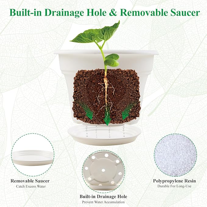 11 Inch Plastic-Flower-Pot-for-Indoor-Plants, 4 Pack Large Outdoor Planter Pot with Drainage Holes & Saucers, Resin Decorative Garden Pots Planters-Ruum Studio Home