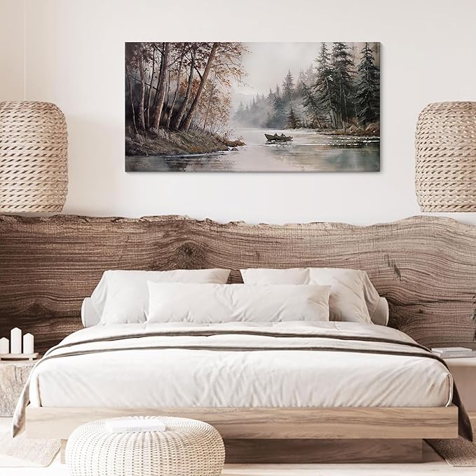 HGUAOA Mountain Canvas Wall Art Rustic Lake Landscape - Nature & Forest Scenery Paintings Pictures for Living Room & Bedroom Wall Decor Vintage Artwork for Walls-Ruum Studio Home
