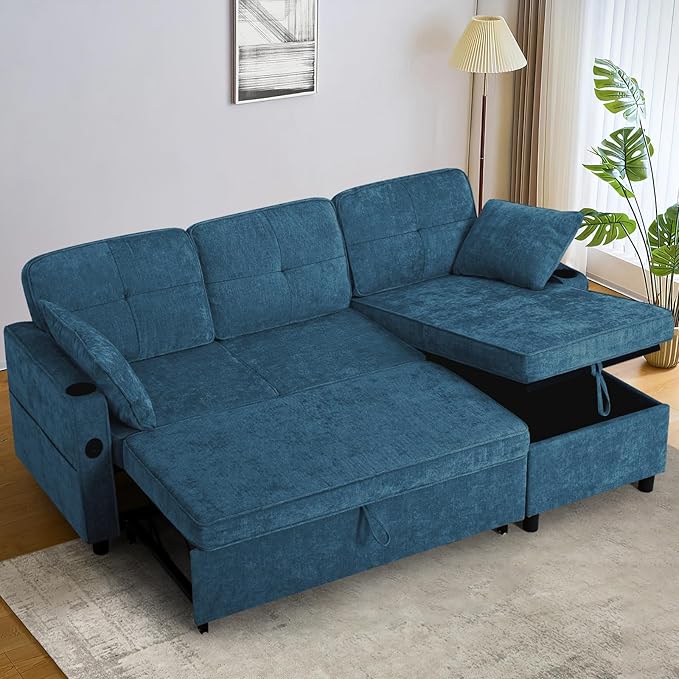 84 Inches Chenille Sectional Sofa w/Pull-Out Sofa Bed & Adjustable Back, Tufted L-Shaped Couch w/Storage Chaise, Sleeper Sectional Sofa w/USB Port & Cup Holders for Living Room, Blue-Ruum Studio Home