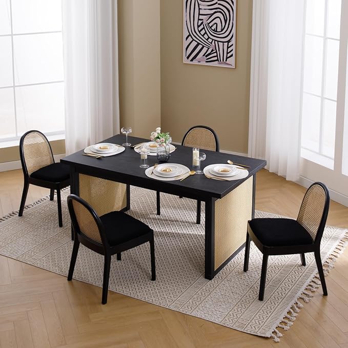 Mid Century Dining Chairs Set of 4, Accent Rattan Sherpa Fabric Side Chairs Kitchen Chair with Solid Wooden Legs for Living Room Dining Room, Black-Ruum Studio Home