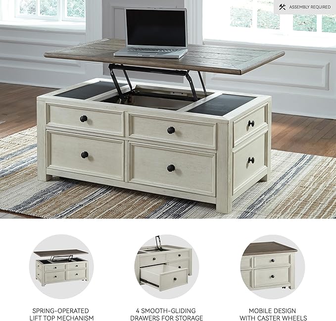 Signature Design by Ashley Bolanburg Farmhouse Lift Top Coffee Table with Drawers, Antique Cream & Brown-Ruum Studio Home
