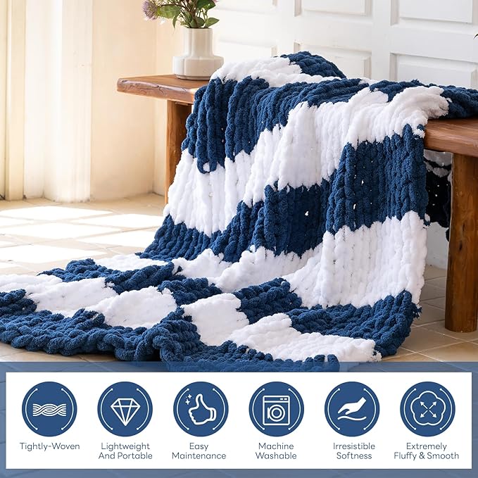 Chunky Knit Blanket - Luxury Soft Cozy 60 * 80 Throw Blanket,100% Woven Blanket Rope Knot Throw Blanket for Couch, Sofa, Home Decor, Gift - Machine Washable（White/Deep Blue）-Ruum Studio Home