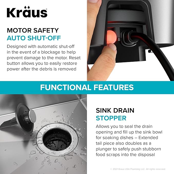 KRAUS WasteGuard 3/4 HP Ultra-Quiet Garbage Disposal with Quick Connect, Kitchen Sink Drain Cover, Power Cord and Flange Included, KWD100-75MBL-Ruum Studio Home