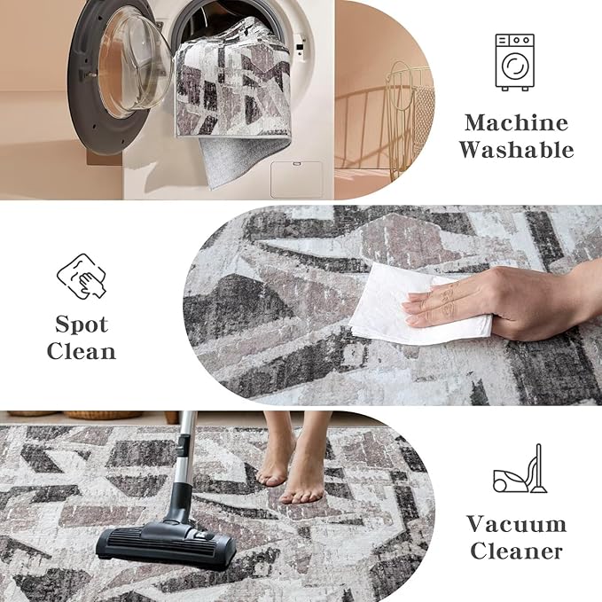 Modern Abstract 5X7 Area Rug for Living Room Bedroom Washable, with Non-Slip Rubber Backing Print Faux Wool Thin, Grey Throw Large Carpet for Kids Playroom Dining Room Pet & Child Friendly-Ruum Studio Home