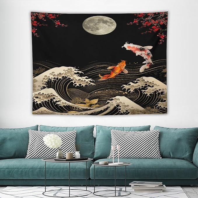 Houselerax Koi Fish Tapestry, Japanese Style Yin Yang Big Wave Cherry Blossom Tapestries Wall Hanging for Bedroom Living Room Office Decor 80"x60"-Ruum Studio Home