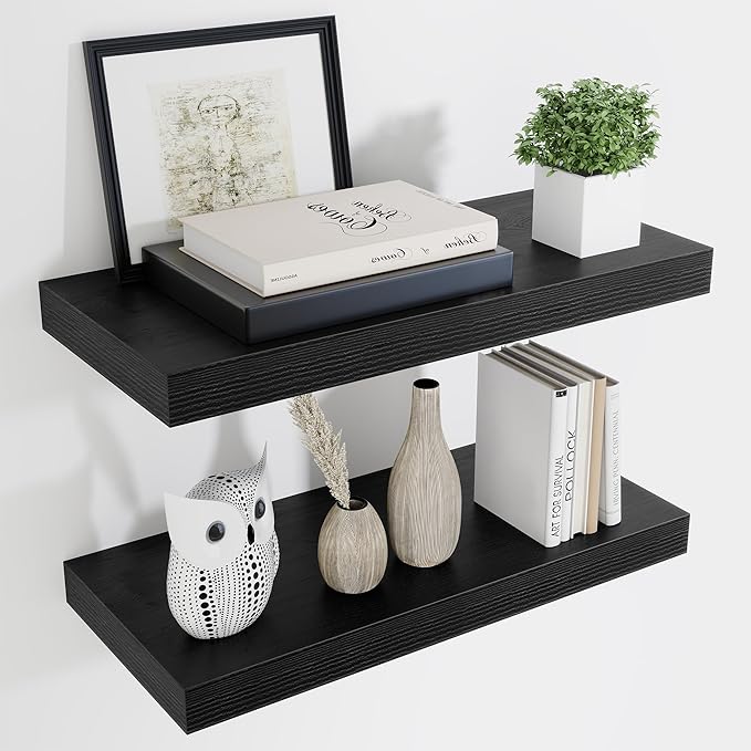 Fun Memories 24 Inch Floating Shelves Wall Mounted, 10 Inch Deep Wall Shelves, 24 x 10 Floating Shelf for Living Room Bathroom Bedroom, Black, Set of 2-Ruum Studio Home