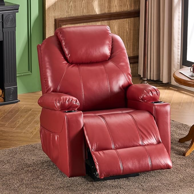 SALOHZA Power Lift Recliner Chair for Elderly with Massage and Heat for Living Room, Electric Recliner Chair for Adults with USB/Type C Port/Cup Holders, PU Faux Leather, Red-Ruum Studio Home