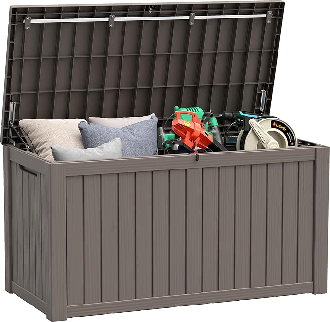 KAMABOKO Outdoor Storage Box, 150 Gallon Large Outdoor Resin Deck Box, Storage Waterproof Boxes Lockable Lid for Garden Tools, Pool Supplies, Patio Furniture and Cushions, Grey-Ruum Studio Home