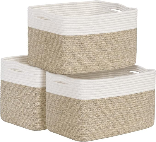 Shelf Baskets for Organizing, Woven Storage Basket for Shelves, Cotton Rope Storage Bins for Toys Books, Nursery Towel Baskets for Classroom, 14.96"X9.8"X8.85", 3-Pack White/Brown-Ruum Studio Home
