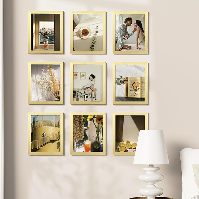 Vittanly 8x10 Picture Frames Set of 9, Shatter Resistant Plexiglass, Display 5x7 Pictures with Mat or 8x10 without Mat, Photo Frames for Wall or Tabletop, Engineered Wood, Gold-Ruum Studio Home