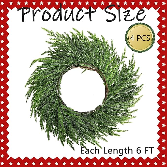 Watayo 4 Pcs Christmas Norfolk Pine Garland, 6 Ft Dense Real Touch Pine Garland Ornament, Realistic Artificial Pines Greenery Garlands for Mantle, Table, Fireplace, Indoor, Outdoor Xmas Decoration-Ruum Studio Home