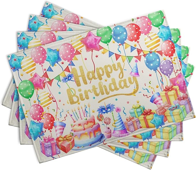 Happy Birthday Placemats Set of 4 Colorful Balloons Confetti Cake Linen Table Mats 12x18 Inch Birthday Party Place Mats for Kitchen Dining Outdoor Indoor Decorations-Ruum Studio Home