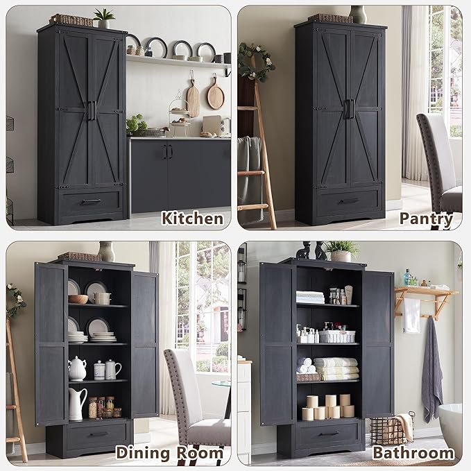72" Tall Wood Storage Cabinet, Farmhouse Kitchen Pantry Cabinet with Adjustable Shelves & Drawer & Barn Doors, Versatile Storage for Kitchen, Dining Room, Bathroom, Black-Ruum Studio Home