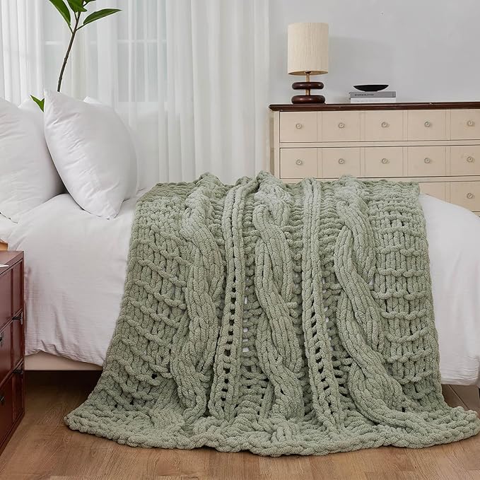 Esterra Chunky Knit Blanket Throw 50"x60", 100% Hand Knitted Chenille Throw Blanket, Cozy Soft Thick Cable Knit Throw Large Rope Knot Crochet Throw Blanket for Sofa Couch Bed, Sage Green-Ruum Studio Home