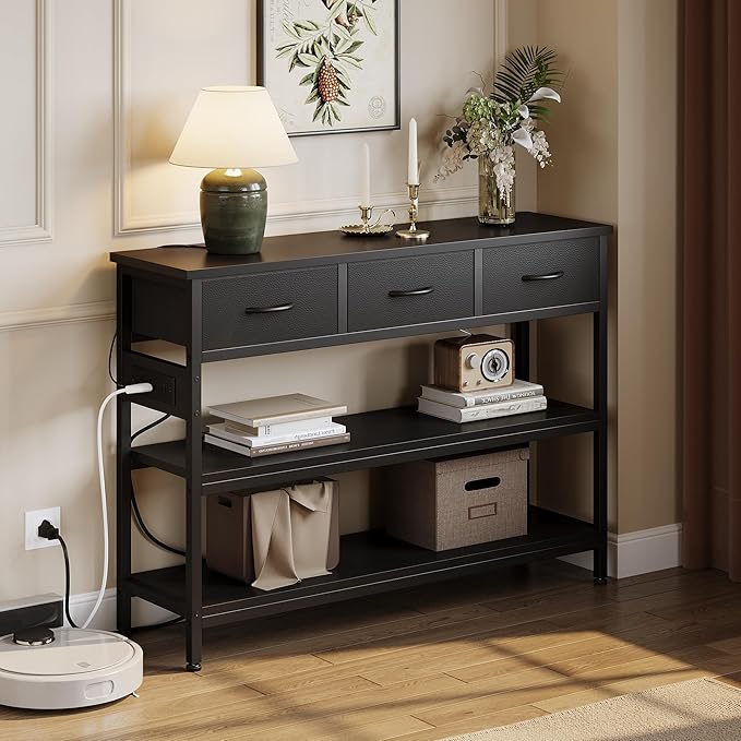 Lulive Entryway Table with Power Outlets, Console Table with 3 Fabric Drawers, Sofa Table for Living Room, Hallway, Couch, Foyer, Height Adjustable (Black, 43")-Ruum Studio Home