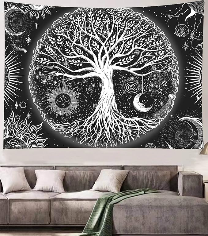 FORATER Tree of Life Tapestry Wall Hanging, Sun and Moon Aesthetic Wall Tapestry Black and White Tapestries Home Decor for Living Room Bedroom(53 x 61 Inch, Black and White)-Ruum Studio Home