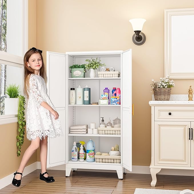 Metal Pantry Cabinet, Kitchen Pantry Storage Cabinets with 2 Door and 3 Adjustable Shelves, White Kitchen Pantry Cabinet, Freestanding Cupboard for Dining Room Living Room Bathroom-Ruum Studio Home