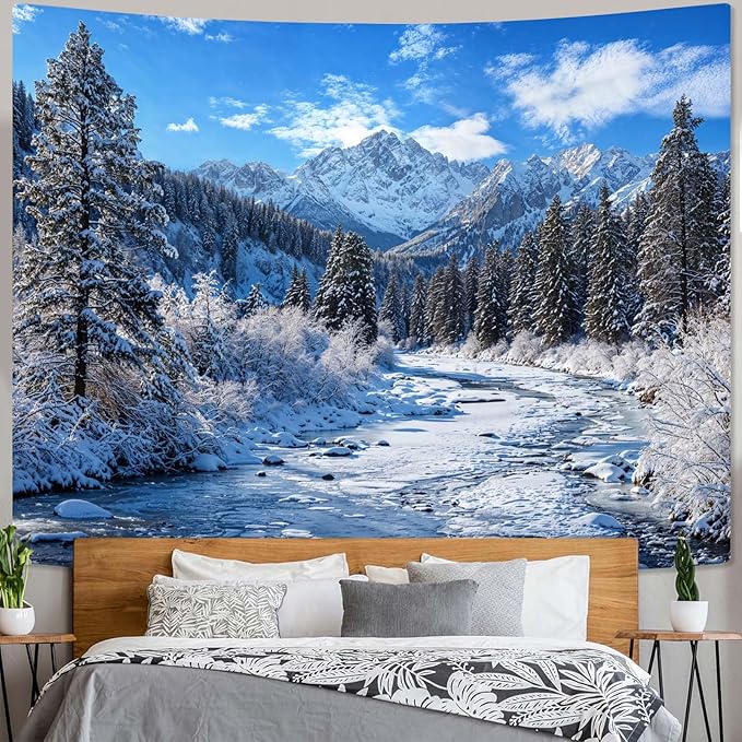 AMM Winter Forest Snow Mountain Tapestry Snowy Pine Tree Woodland Tapestry for Bedroom Aesthetic White Clouds Flowing River Landscape Tapestries Wall Hanging for Living Room Dorm Office 90 x 68 Inch-Ruum Studio Home