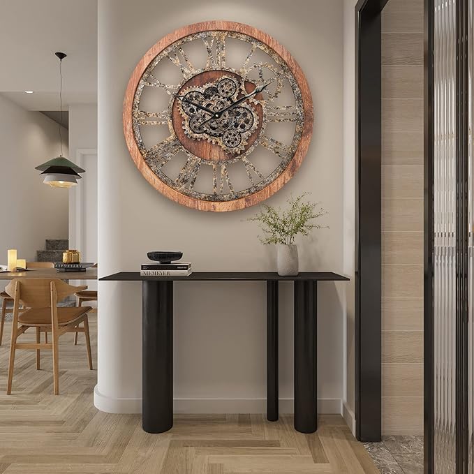HOIBAI Large Wall Clock 24 Inch Large Clocks for Living Room Decor with Moving Gears Vintage Industrial Steampunk Farmhouse Big Clock for Home Kitchen Bedroom Office-Ruum Studio Home