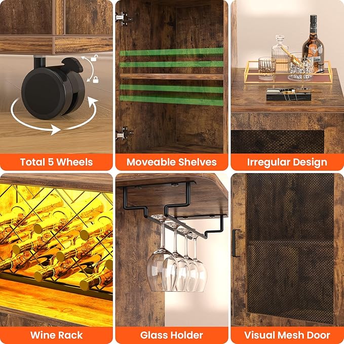 Wine Bar Cabinet with Wheels, Small Liquor Cabinet with LED Light, Home Bar Cart with Power Outlets, Coffee Bar with Wine Rack, Glasses Storage for Kitchen, Dining Room, Living Room, Vintage-Ruum Studio Home