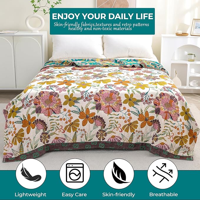 Premium Bed Throws- Boho Throw Blanket 80”x 90”,100% Cotton Ultra Soft Rustic Quilt Summer Blanket Travel Muslin Blanket Home Decor Large Bed Blankets All Season Throws for Women Mom-Ruum Studio Home