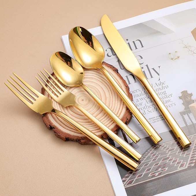 Mirror Silverware Set Gold Flatware Set with Hexagon Handle 20 Pieces 18/0 Stainless Steel Cutlery Set Wedding Housewarming Gift Service for 4 (Mirror gold)-Ruum Studio Home