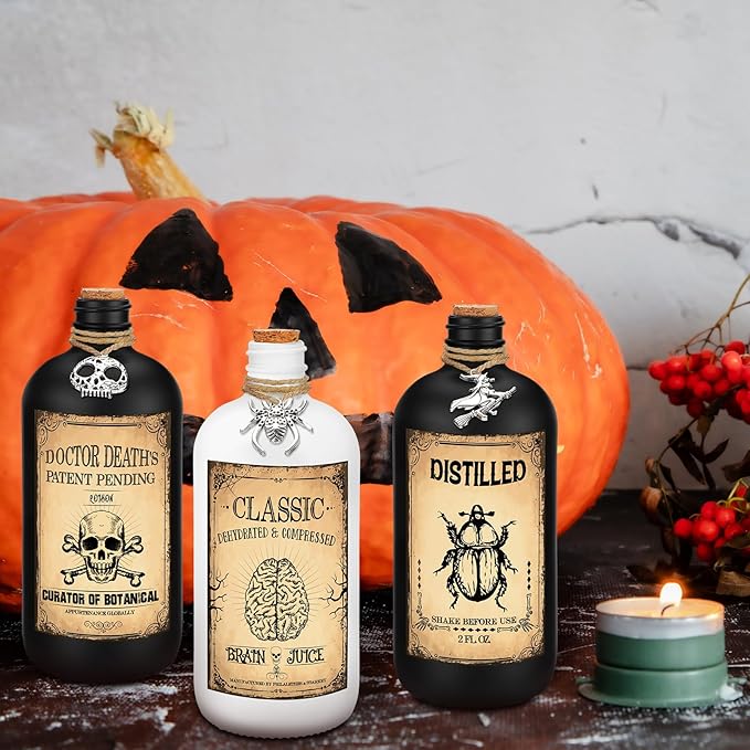 Uiifan 31 Pcs Halloween Potion Bottles Set Including Glass Apothecary Bottles with Cork Stickers and Pendants Halloween Decorations Indoor Party Supplies(White, Black,16 oz)-Ruum Studio Home