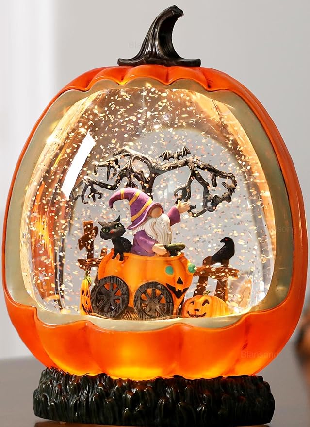 Halloween Snow Globe Pumpkin Halloween Decorations Indoor Gnome Black Cat Bat Swirling Glitter Timer-Ruum Studio Home